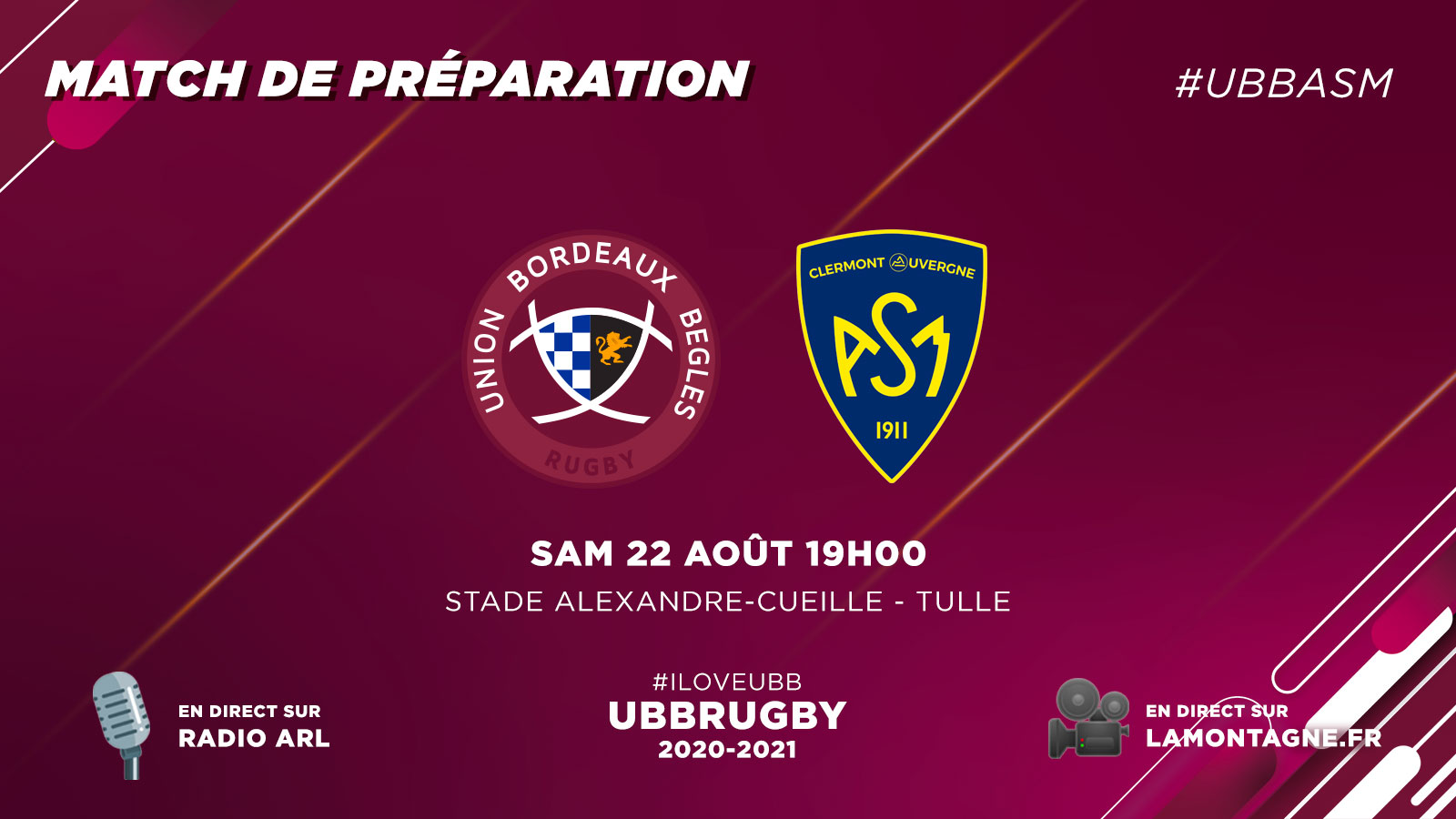 UBB - Clermont samedi 22 août à 19h à Tulle